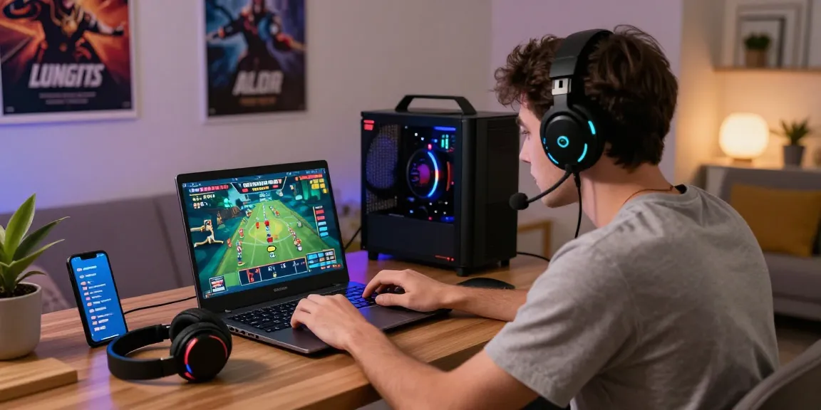Engaged user on TRANG CHỦ ALO8 online gaming platform, surrounded by vibrant gaming accessories in a cozy room.