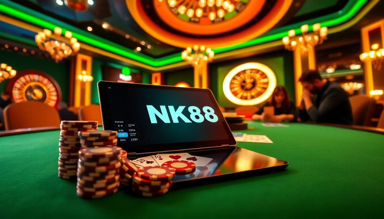 Experience NK88's exciting online gambling with players at a high-stakes poker table.