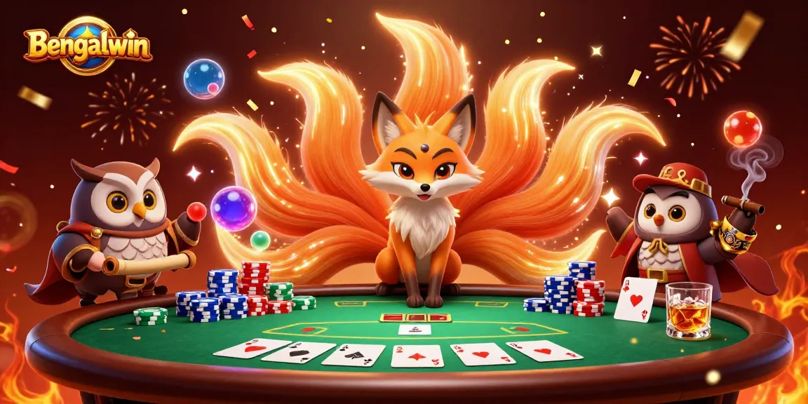 Bengalwin captures a vibrant casino scene featuring a glowing fox, wise owl, and colorful poker elements.