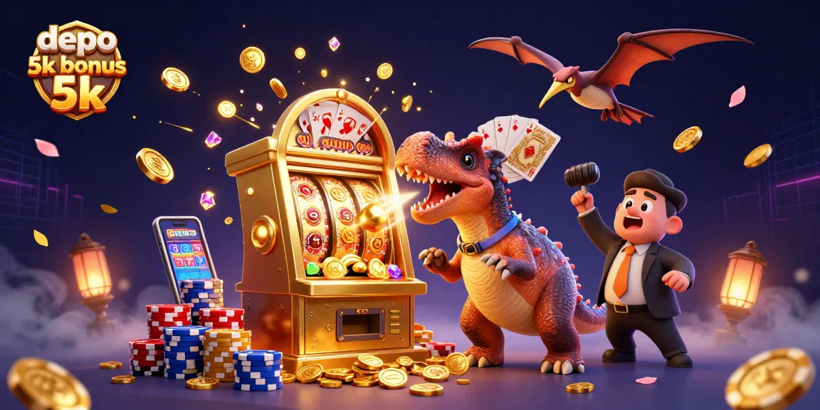 Catch the excitement of depo 5k bonus 5k with vibrant characters celebrating jackpot wins amidst cascading coins and thrilling game elements.