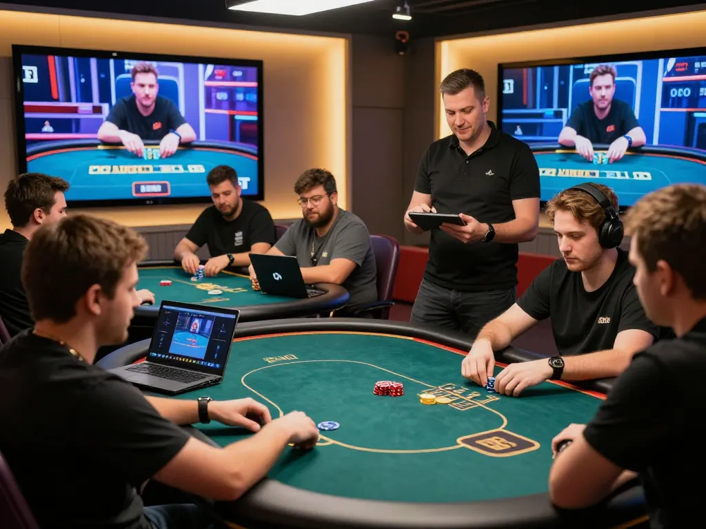 Players strategizing at a dynamic online poker tournament with casinosscope technology