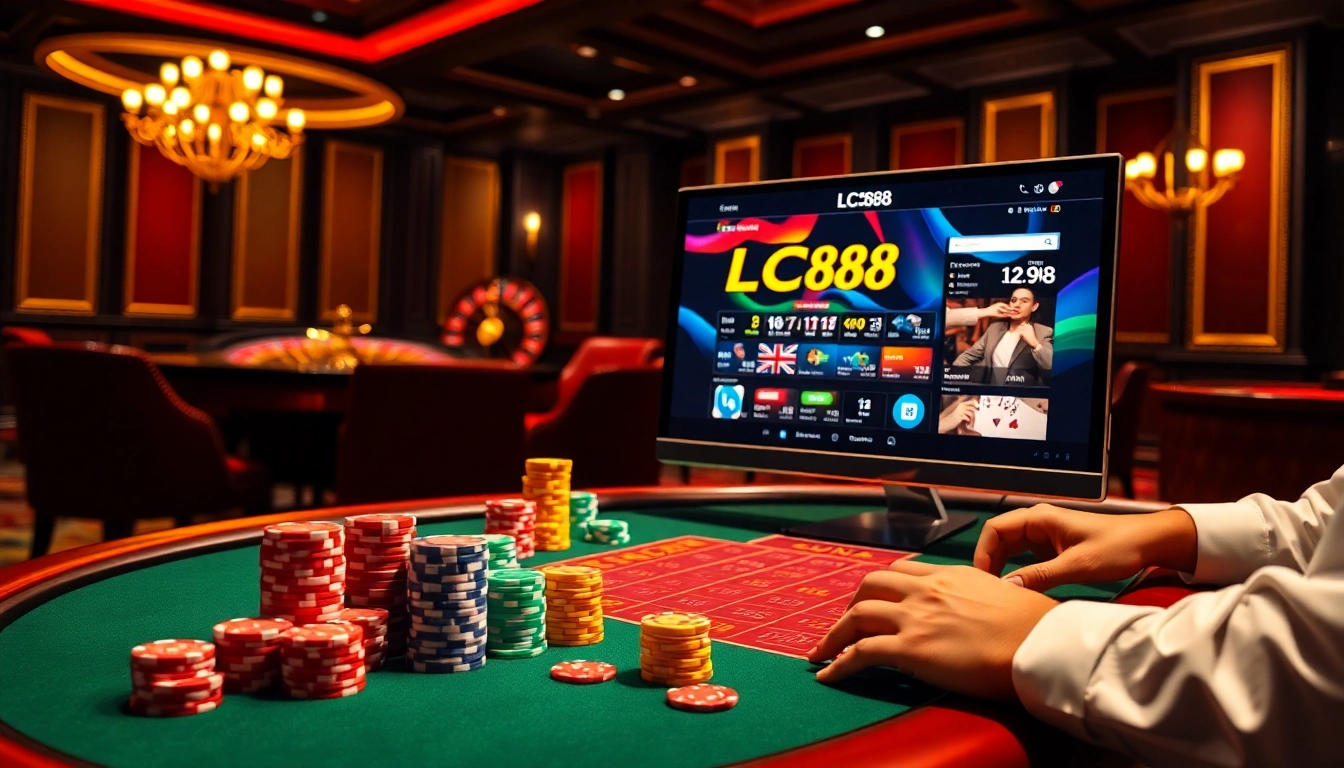 Engaging poker players at an LC88 casino table surrounded by vibrant chips and roulette wheel.