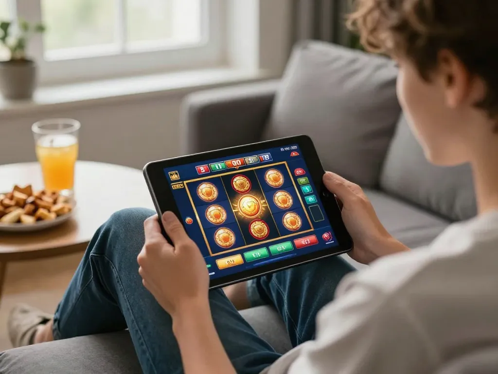 Engaging gaming session on HITCLUB with a tablet, highlighting interactive slots.