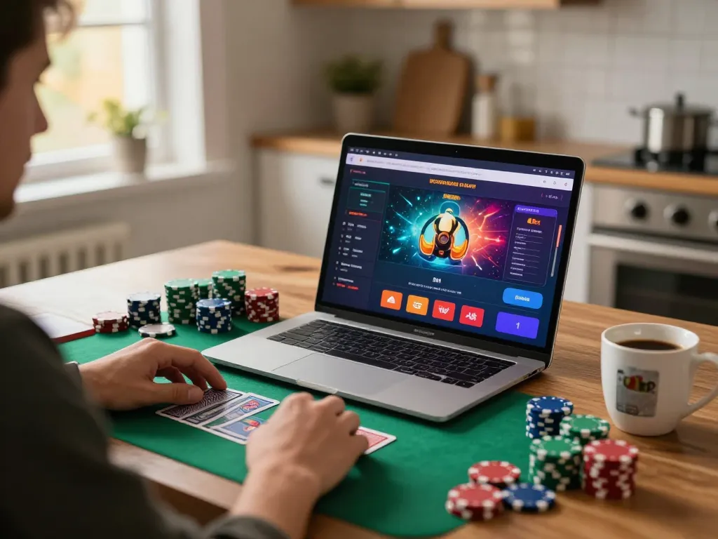 Engaging in online gambling at home with luckyindex poker setup and vibrant graphics.