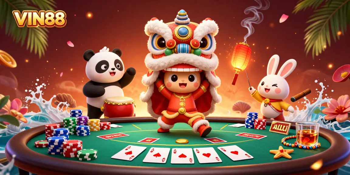 Experience the excitement of VIN88 with a vibrant 3D illustration of a festive casino scene filled with action.