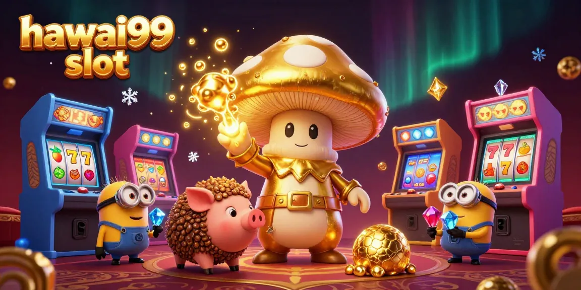 Engage with hawai99 slot as the golden mushroom wizard and friends unveil treasures in a vibrant casino-themed scene.
