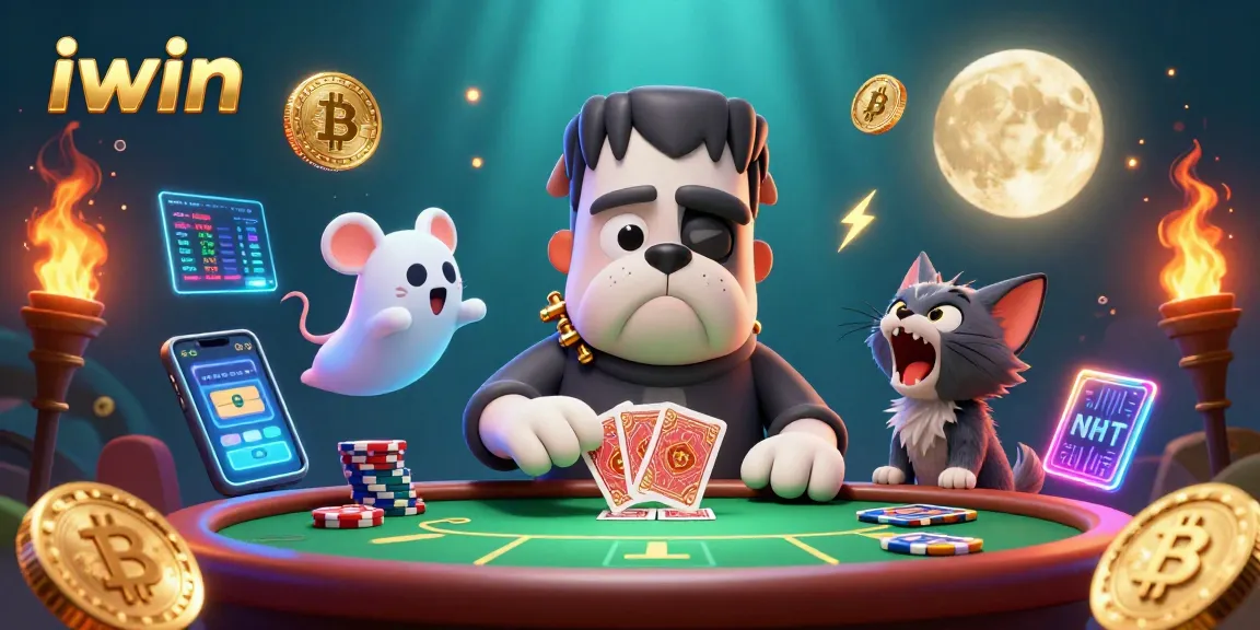 iwin's vibrant poker scene with a Frankenstein bulldog processing a winning hand amidst floating crypto coins.
