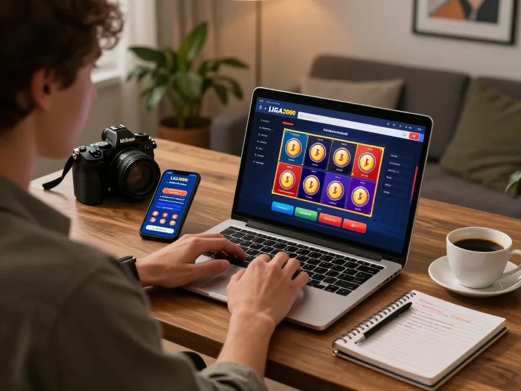 LIGA2000 user actively engaging with online slots, showcasing responsible gambling setup at home with laptop and notes.