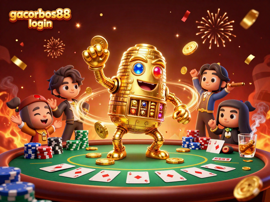 Engage with gacorbos88 login to experience vibrant casino action featuring a golden golem and poker elements.