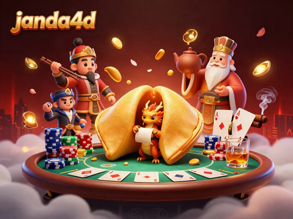 Permainan janda4d dengan karakter naga bijak di dalam kue keberuntungan, menampilkan suasana kasino yang mengasyikkan.