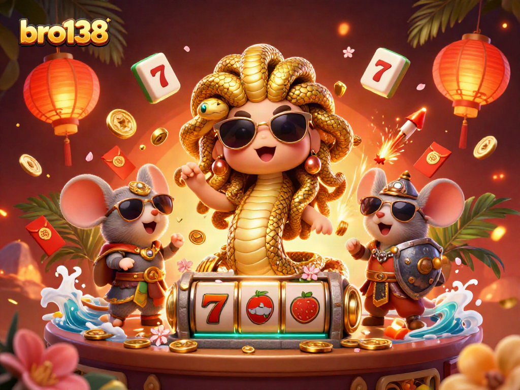 Experience bro138's captivating casino scene with friendly characters and slot games immersed in vivid visuals.
