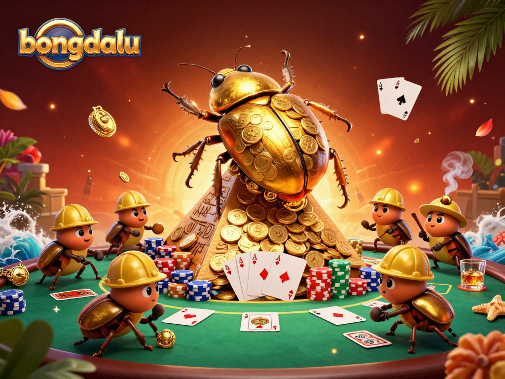 Engage with bongdalu, featuring a golden beetle amid a bustling casino scene filled with poker elements.