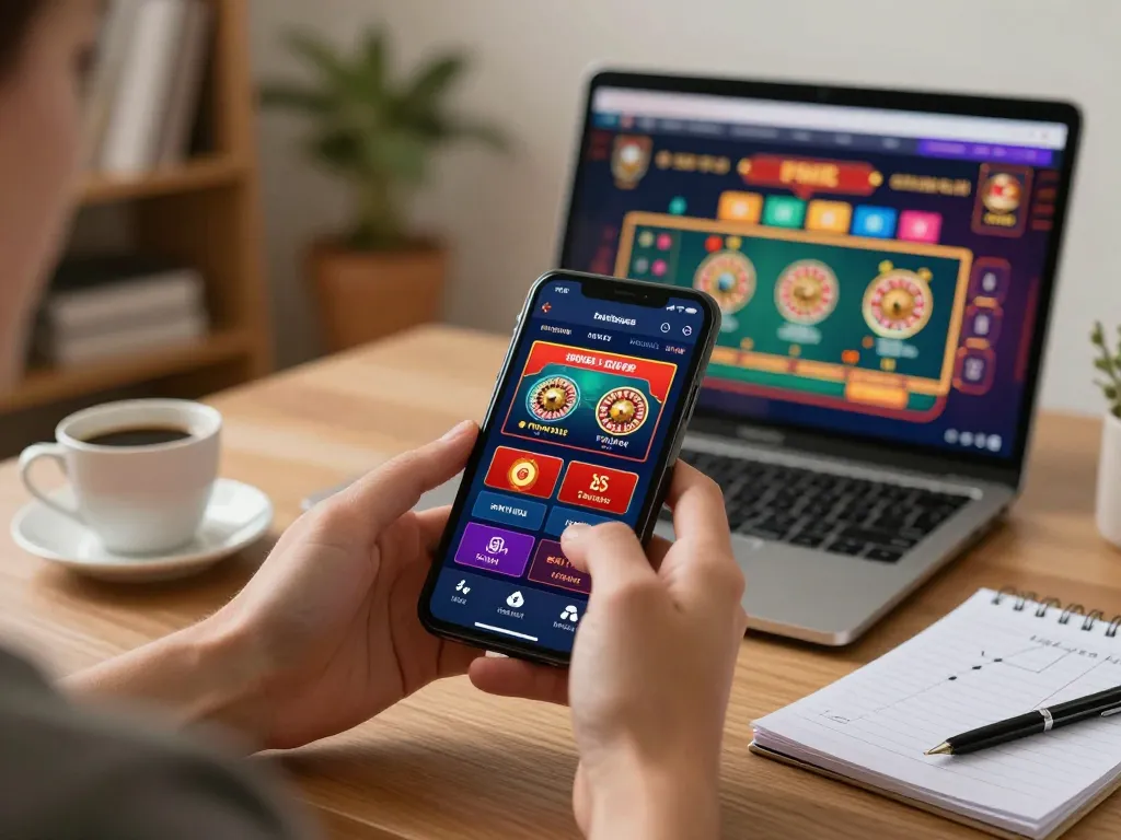 Gambling enthusiast playing with a smartphone app at home, showcasing Nhà cái uy tín features.