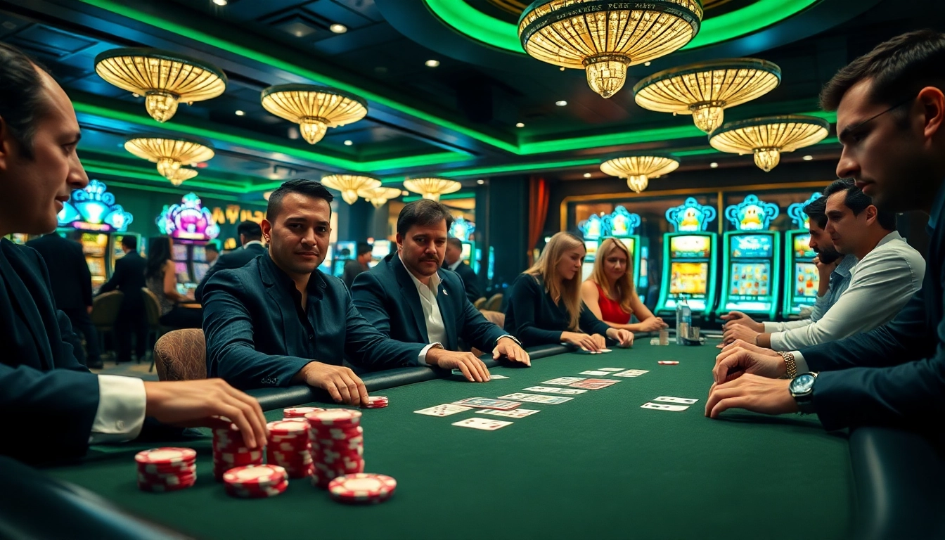 Engaging poker game with players at a modern table in a lively casino atmosphere.