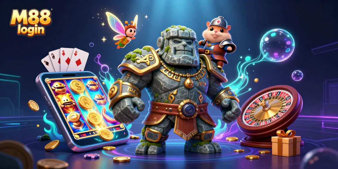 Experience the excitement of M88 login with a dynamic casino scene featuring a magical guardian and gaming elements.