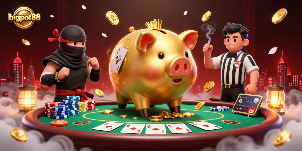 Engage with bigpot88’s thrilling gameplay featuring a golden piggy bank sumo wrestler shaking loose coins amidst poker elements.
