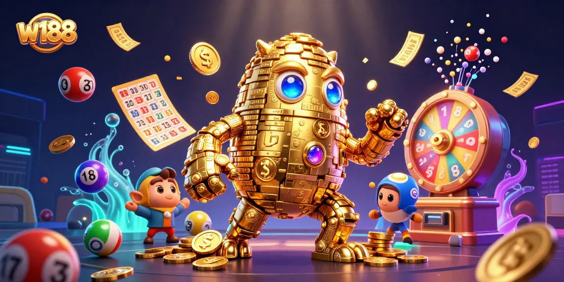 Spin to win with w188's vibrant lottery and casino-themed illustration, showcasing exciting gaming elements.
