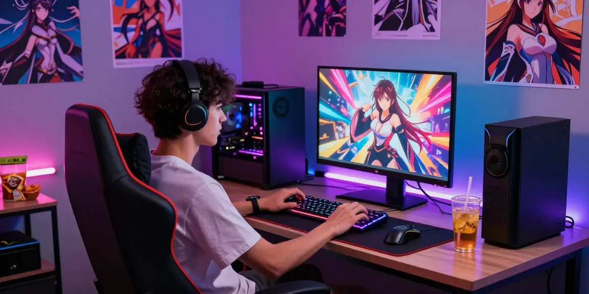 Engaged gamer exploring exciting hentai games in a colorful digital art studio.