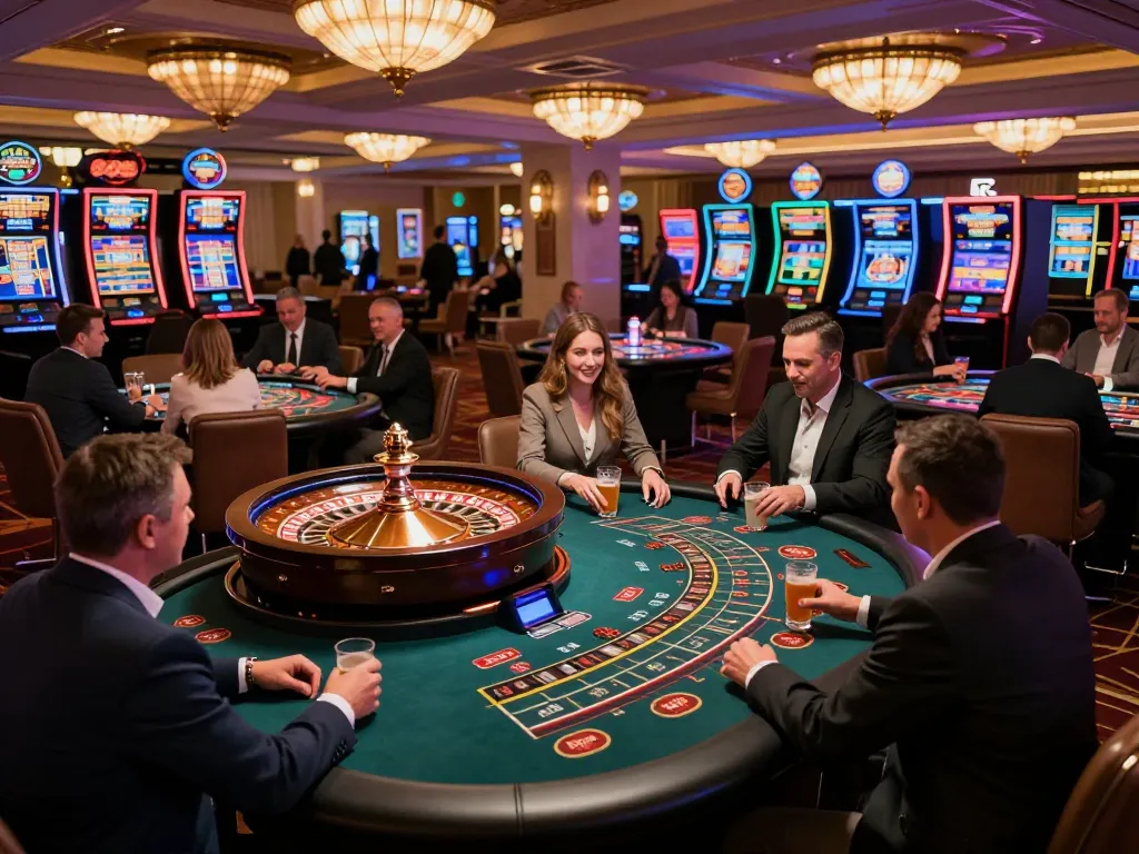 Players at the casino engage in dynamic gameplay at Sun Win, enjoying roulette and slots in a vibrant setting.