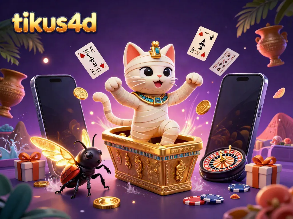 Tikus4D showcases a vibrant pyramid casino scene with an Egyptian mummy cat and a scarab, enticing players to engage with thrilling slot games.