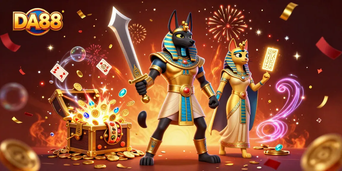 Engage with the thrilling adventures of DA88 casino games as Anubis and Bastet celebrate wins among spinning reels.