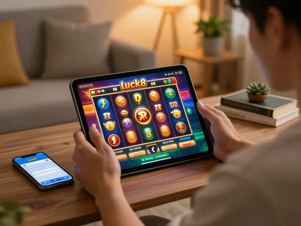 Người chơi tương tác với ứng dụng casino Luck8 trên máy tính bảng trong một không gian ấm cúng tại nhà, nhấn mạnh việc chơi game có trách nhiệm.