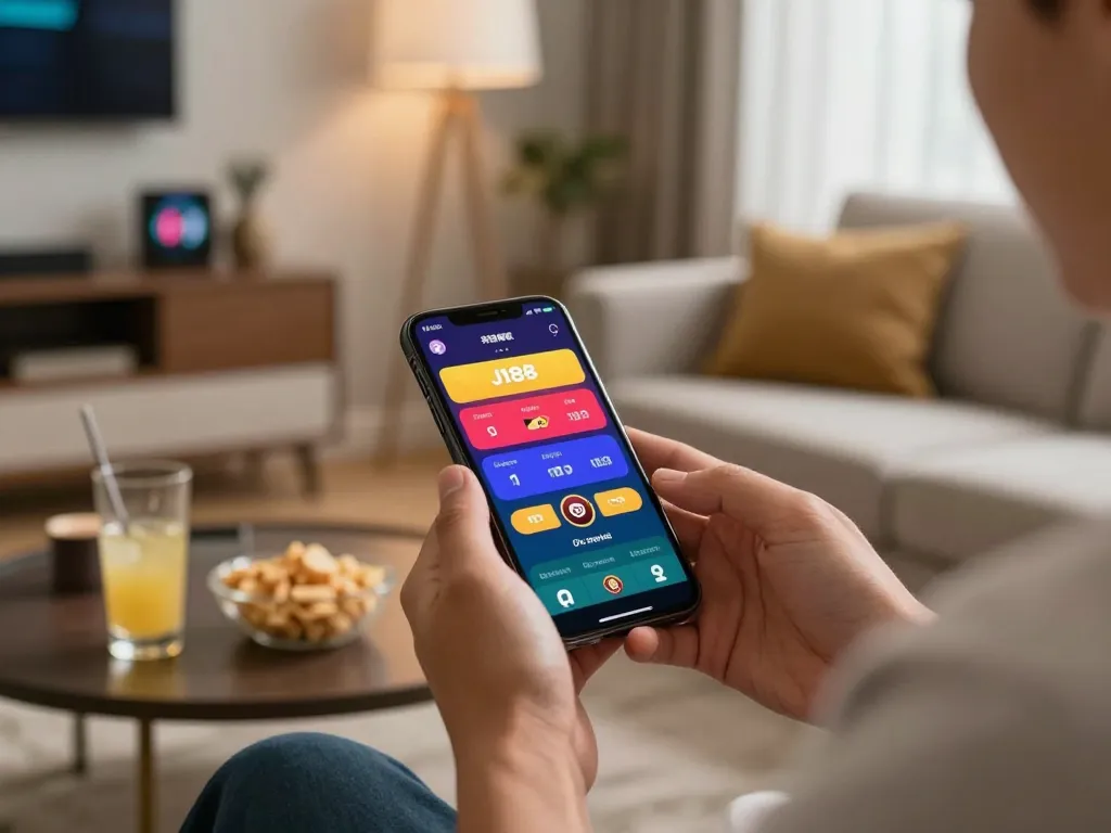 Engaging moment of a player using the J188 casino app on a mobile device in a cozy home setting.