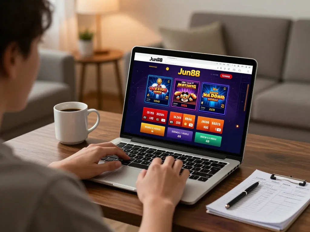 Engaging with Jun88's online casino platform at home while strategizing bets.