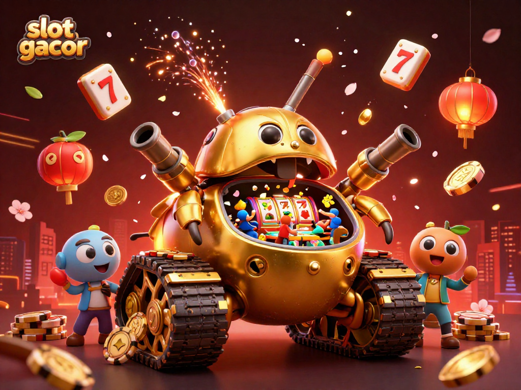 Experience slot gacor excitement with a vibrant 3D casino scene featuring dynamic game elements.