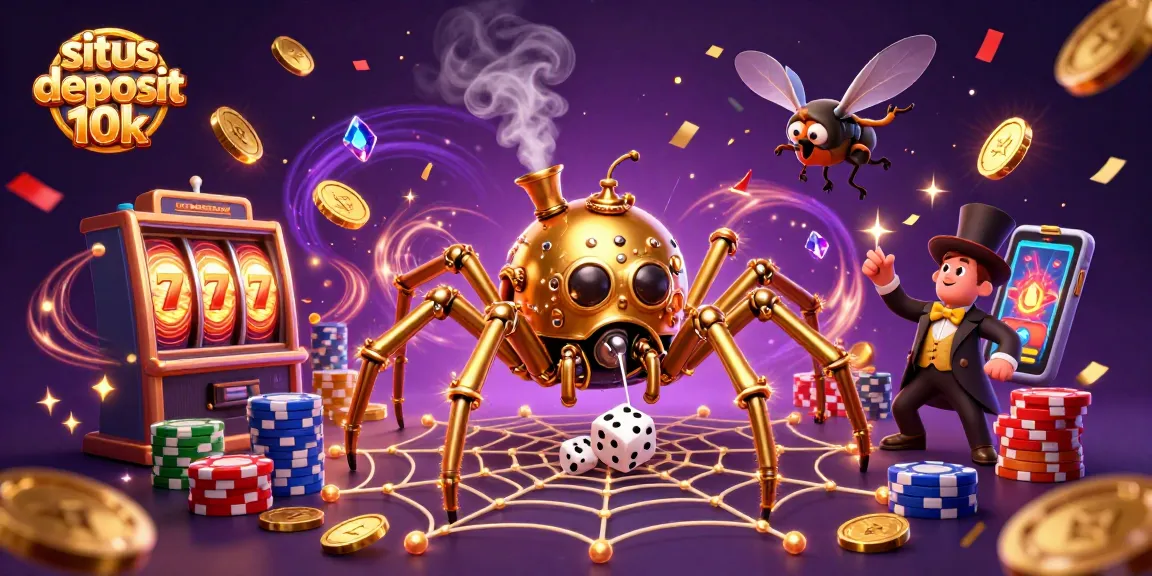 Engage with the excitement of situs deposit 10k through vibrant 3D casino illustration featuring a golden spider and animated slot machines.