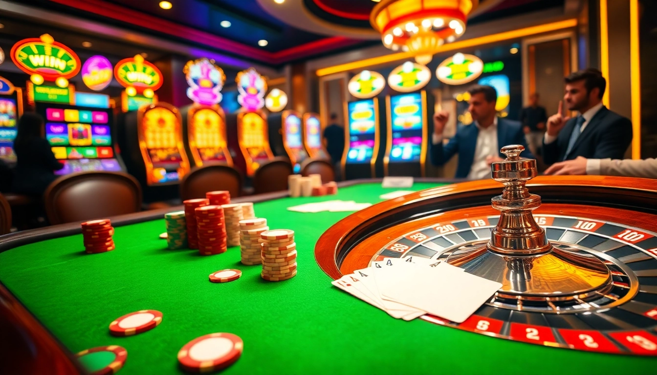 Players enjoy a thrilling game night at LC88 casino, featuring poker chips and roulette.