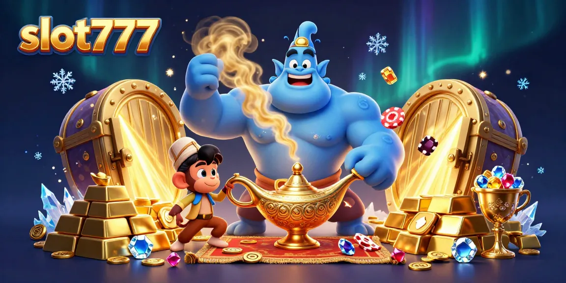 Experience the excitement of slot777 with a dazzling 3D illustration of a genie and treasure.
