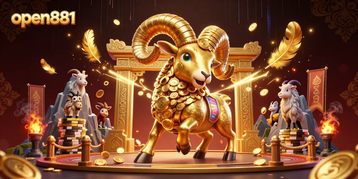 Experience thrilling gameplay at open881 with a dynamic illustration of a golden ram charging at a casino backdrop.