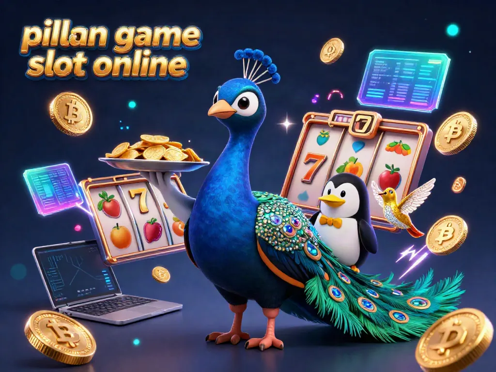 Menampilkan pilihan game slot online dengan burung merak 3D dan elemen kasino, simbol jackpot, serta cryptocurrency.