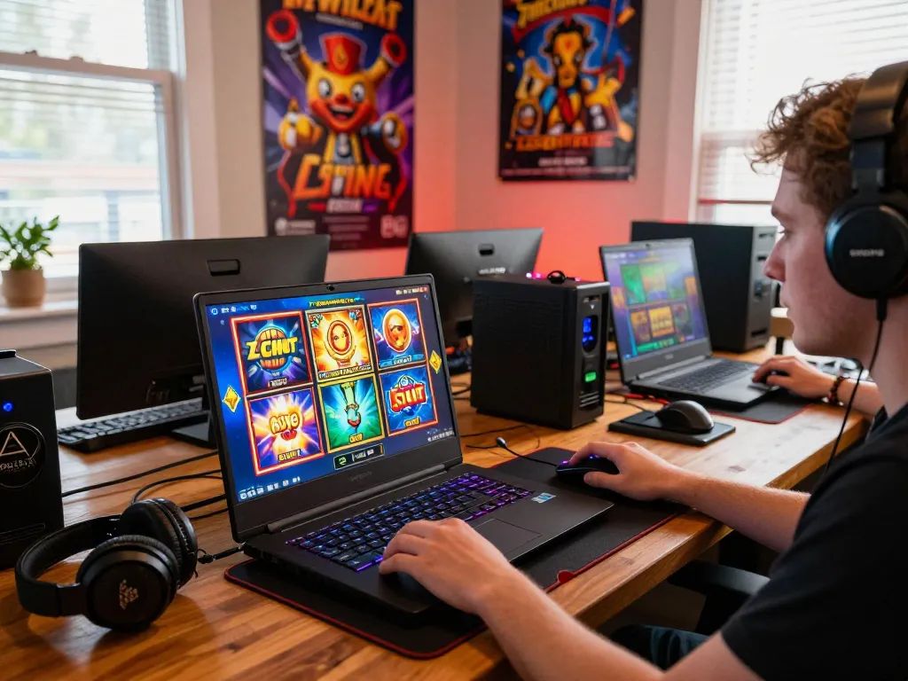 Pemain yang terlibat menjelajahi permainan situs slot di laptop dikelilingi oleh aksesori gaming.