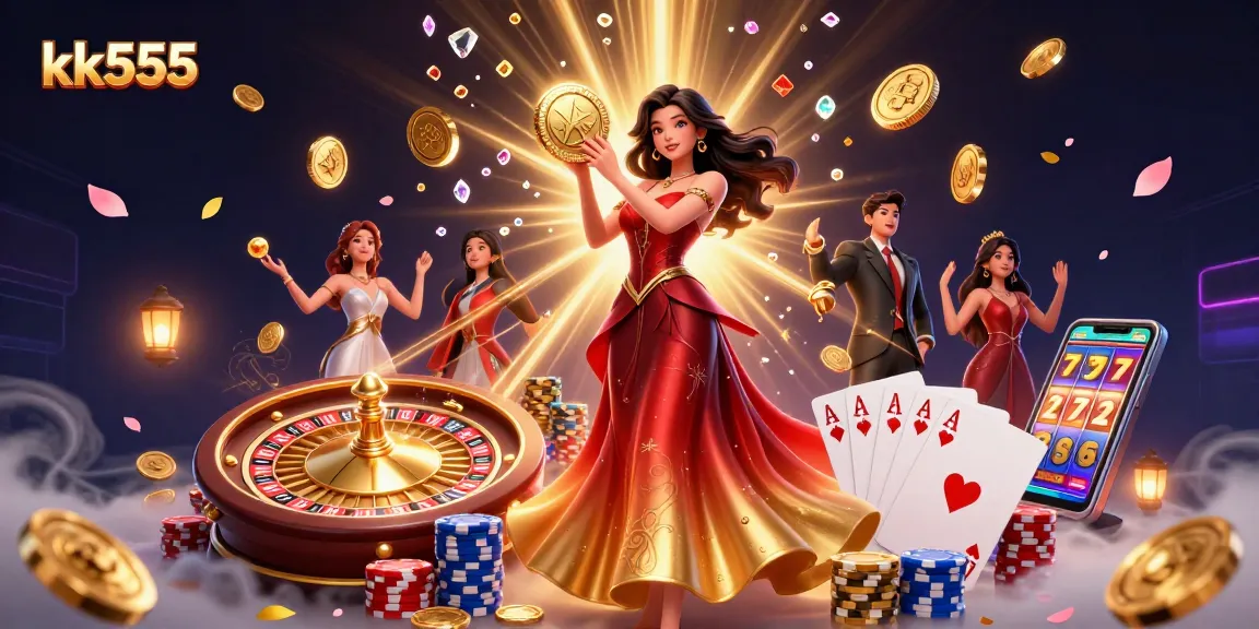Experience thrilling wins with kk555 in this dynamic casino illustration showcasing vibrant games.