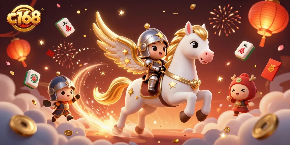 Experience the excitement of c168 with a celestial horse and knight amidst festive gambling elements.