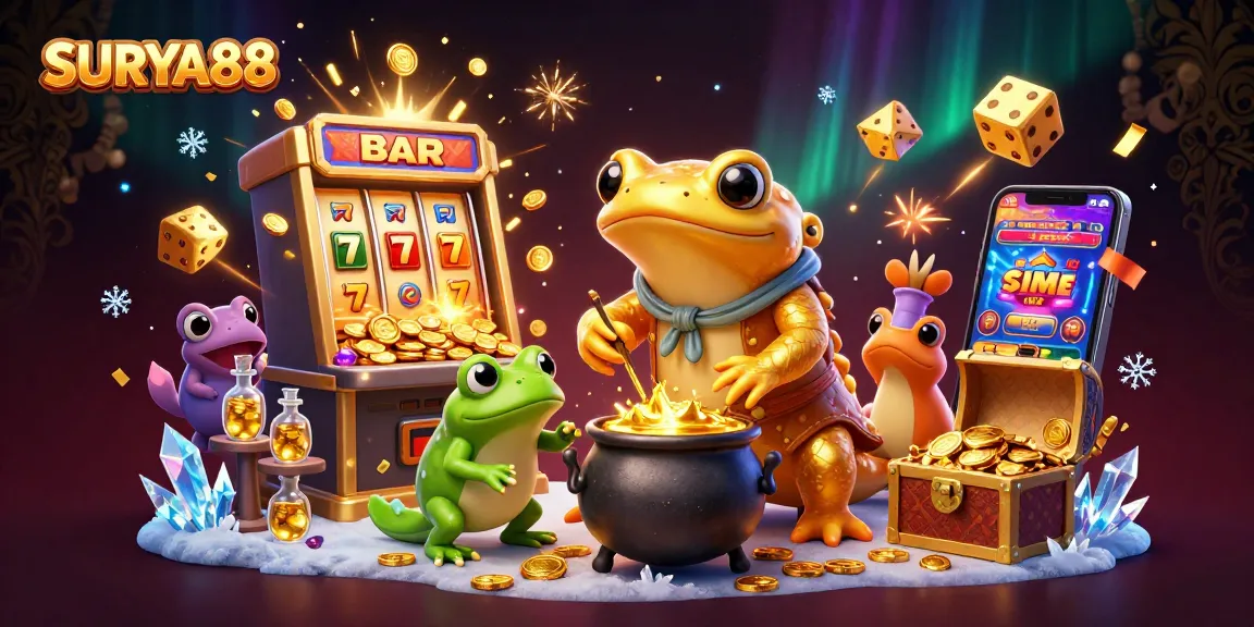SURYA88 casino scene showcasing a giant salamander alchemist turning base metals into gold.