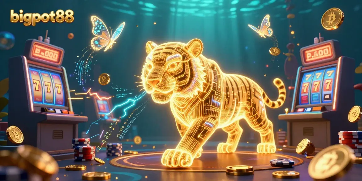 Engage with bigpot88's vibrant casino landscape showcasing a neon tiger and dynamic gambling elements.