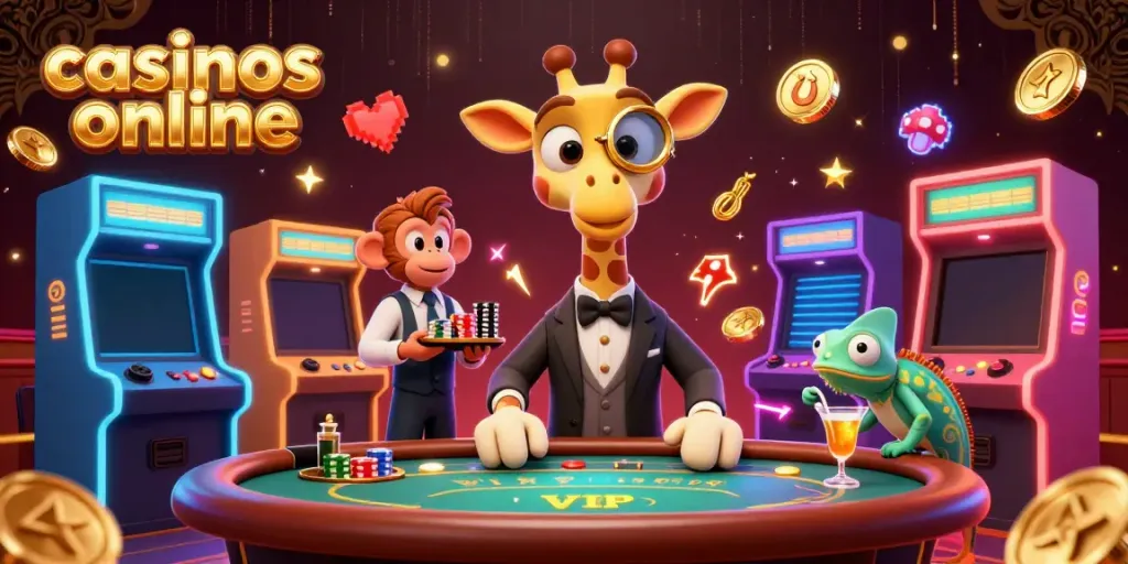 Disfruta de la experiencia en casinos online con una jirafa de lujo en una mesa de póker.