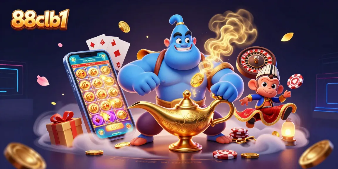 Engage with the vibrant 88clb1 casino scene featuring a genie and poker chips on a magic carpet.