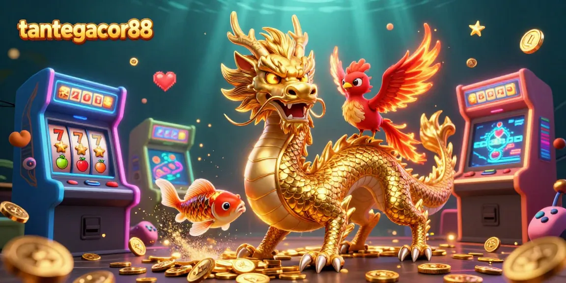 Gambarlah tantegacor88 dalam ilustrasi 3D dengan naga emas dan phoenix, menciptakan suasana kasino yang menarik.