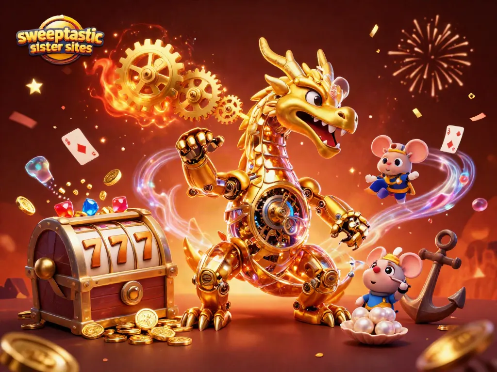 Sweeptastic sister sites showcasing golden dragon and vibrant casino elements in an engaging scene.
