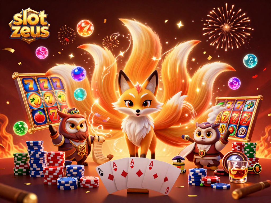 Experience slot zeus with colorful nine-tailed fox and owl sage in a dynamic casino setting.