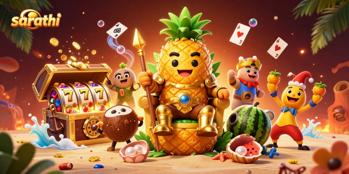 Sarathi's vibrant beach casino scene features a golden pineapple king surrounded by colorful slot elements and a whimsical atmosphere.