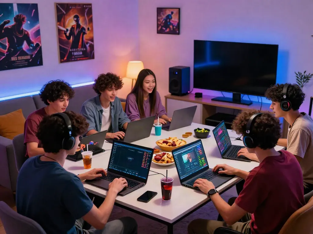 A group of friends engaging in an exciting online gaming session, showcasing akunjp competition vibes.