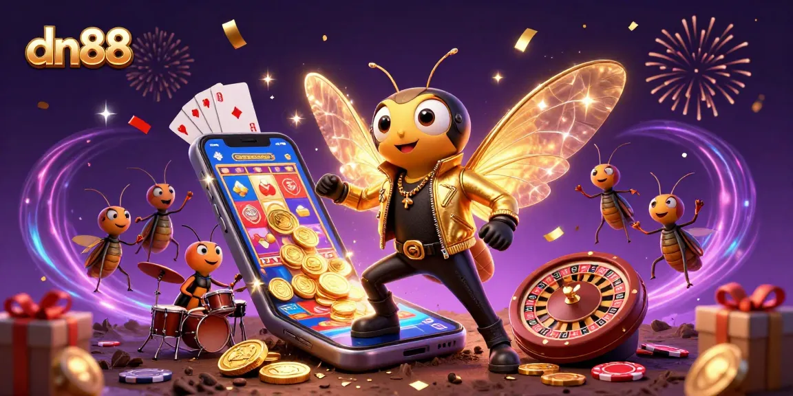 Spin to win with dn88 as a cicada rock star shines in a vibrant casino scene.