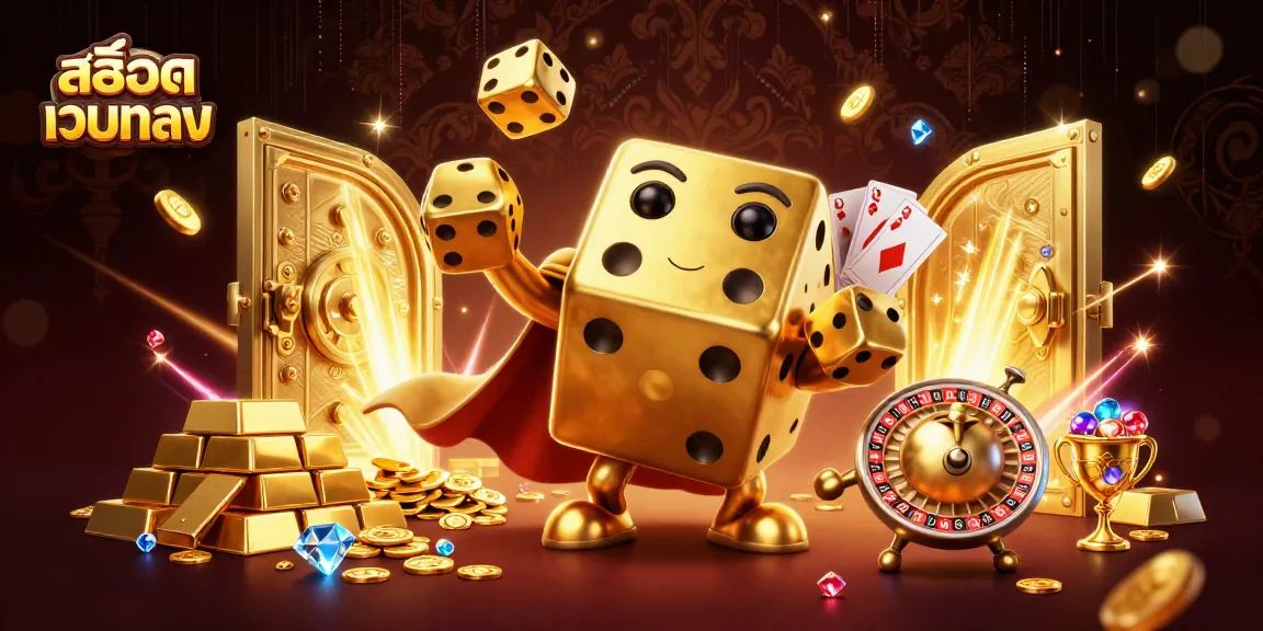Experience the thrill of สล็อตเว็บตรง with our golden dice golem and treasure-filled casino scene.