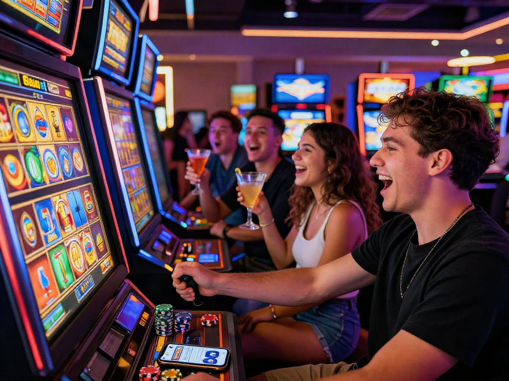 Excited friends celebrating a win at a slot gacor machine with vibrant casino lights and joyous atmosphere.