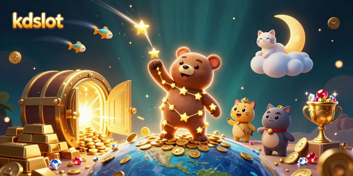 KDslot players enjoy vibrant rewards surrounded by 3D treasures and celestial characters for an immersive gaming experience.